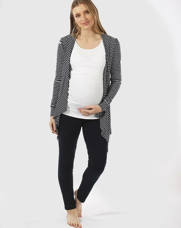 Maternity Relax waterfall cardigan in Bamboo – Navy stripe
