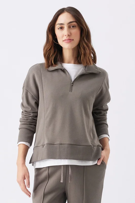 Maternity sweater with nursing zip openings in a Troyer style, stone grey