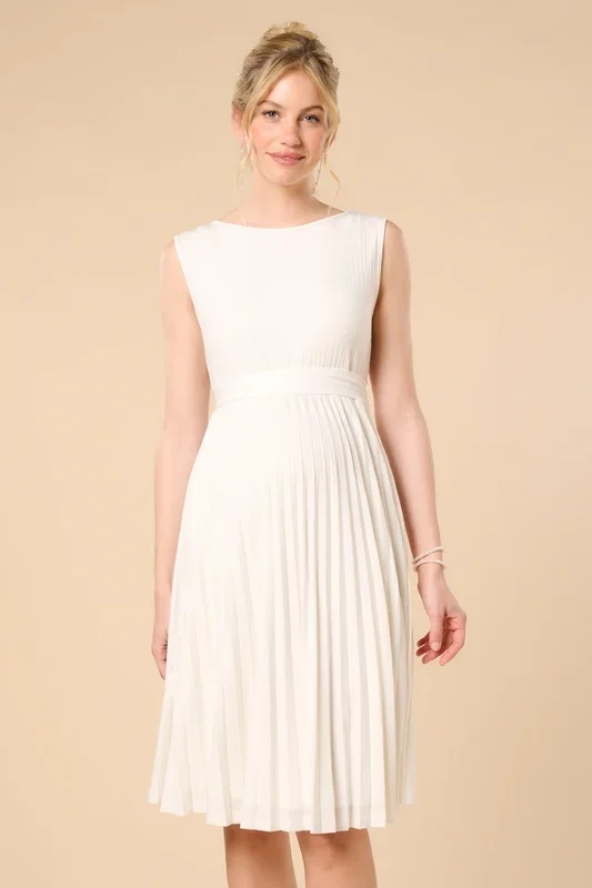 Maternity wedding dress with boat neckline and pleats