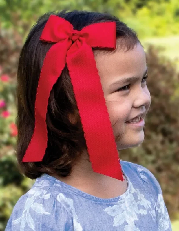 Medium Grosgrain Bowtie with Matching Moonstitch Edge, Knot Wrap and Streamer Tails- Red