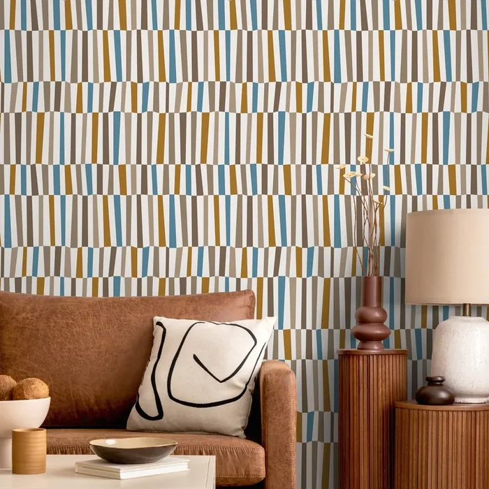 Mid Century Wallpaper With An Abstract Vertical Block Pattern In Blue, Brown, And Mustard – D851