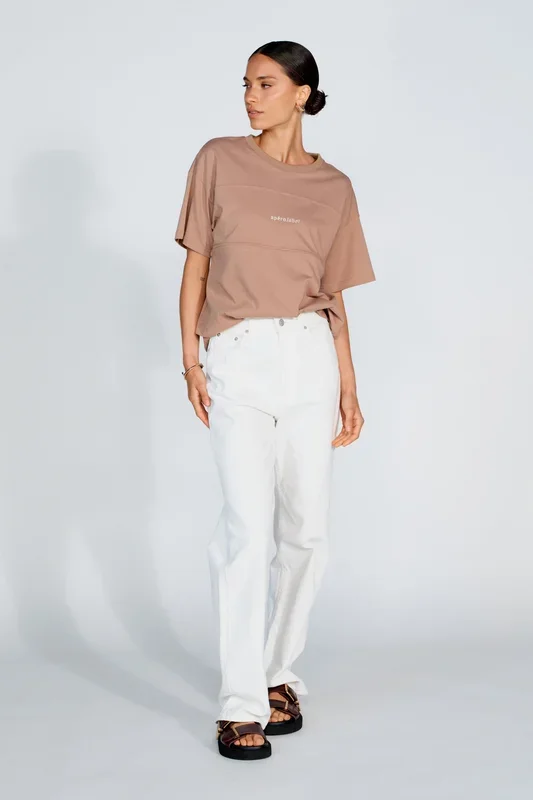 Minimalist Embroidered Longline Tee – Mocha / Cream
