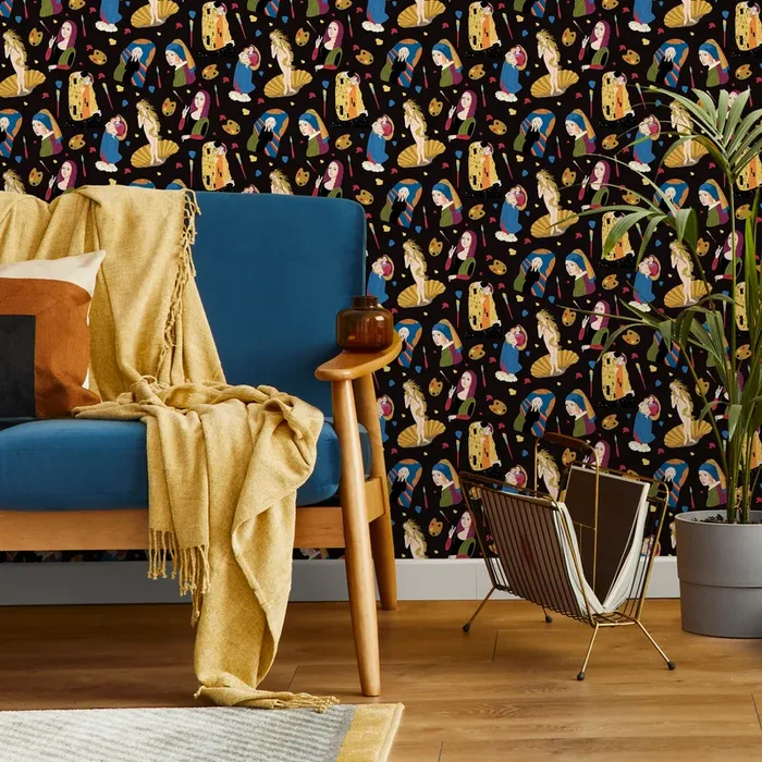 Modern Art Wallpaper With A Classical Art Collage In Black, Gold, And Blue – D572