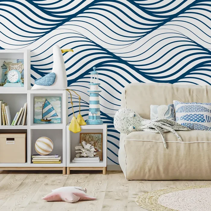Modern Wave Wallpaper With A Flowing Lines Motif In Blue – B970