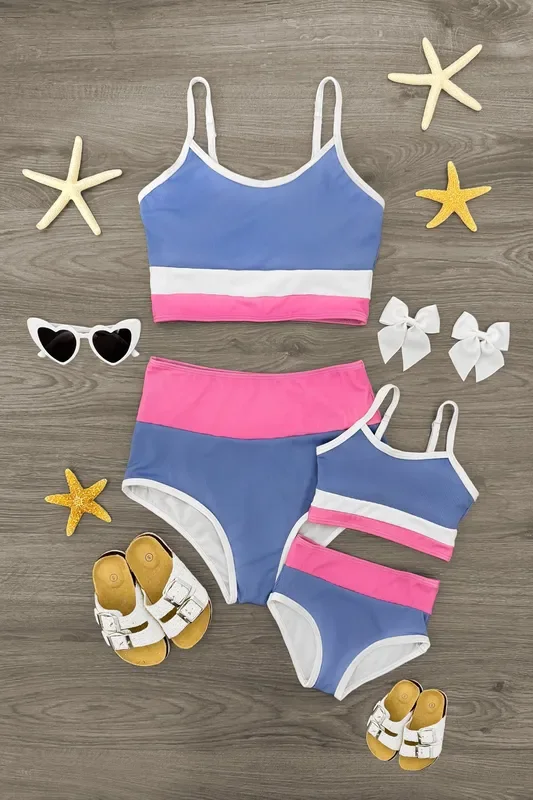 Mom & Me – Blue Pink & White Striped Bikini