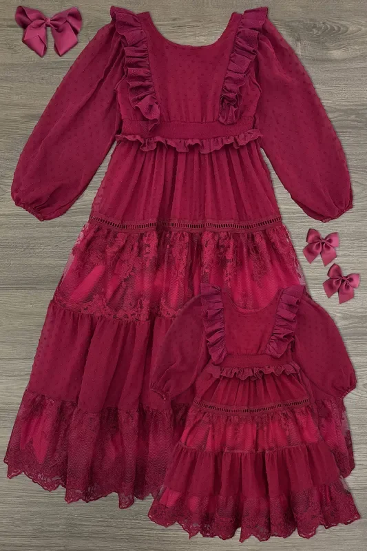 Mom & Me – Burgundy Swiss Dot Dress