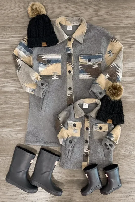 Mom & Me – Gray Southwestern Sherpa Shacket