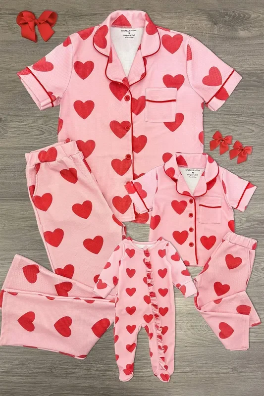 Mom & Me – Pink Heart Waffle Knit Pajamas