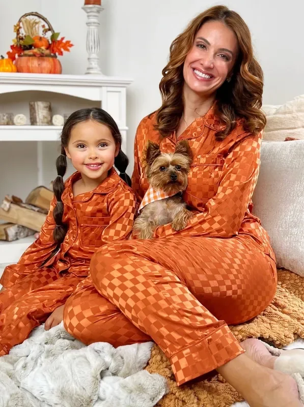 Mommy and Me Pumpkin Spice Checkered Silky Pajama Set