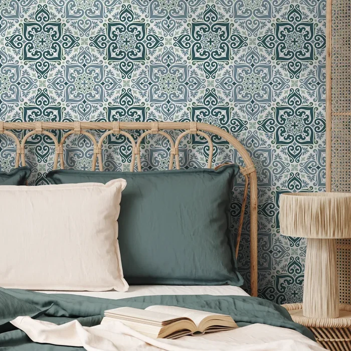 Moroccan Tile Wallpaper Featuring Ornate Medallions In Blue, Teal, And Green – D163