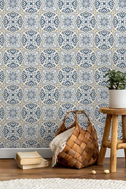 Moroccan Wallpaper With A Traditional Tile Motif In Blue And Brown – D162