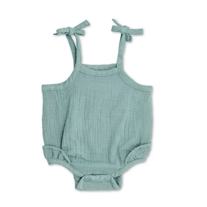 Muslin Ruffle Romper With Ties – Teal