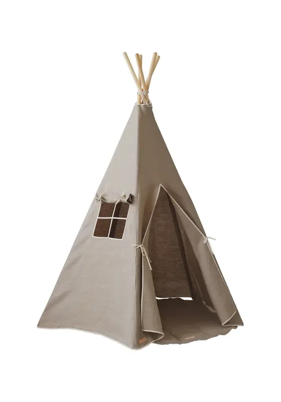 natural Linen Teepee Tent And White And Grey – Leaf Mat Set