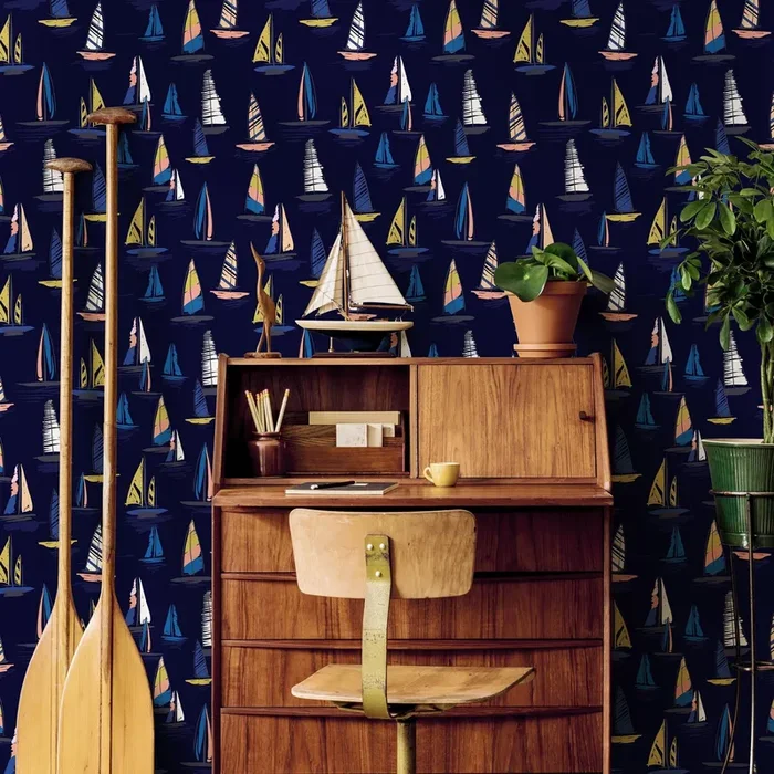 Nautical Wallpaper Featuring A Fleet Of Sailboats In Navy Blue, Yellow, And Pink – B244