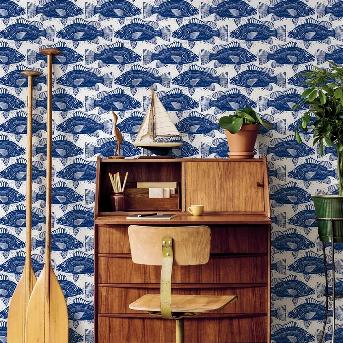 Nautical Wallpaper With A Block Print Fish Motif In Blue – B944