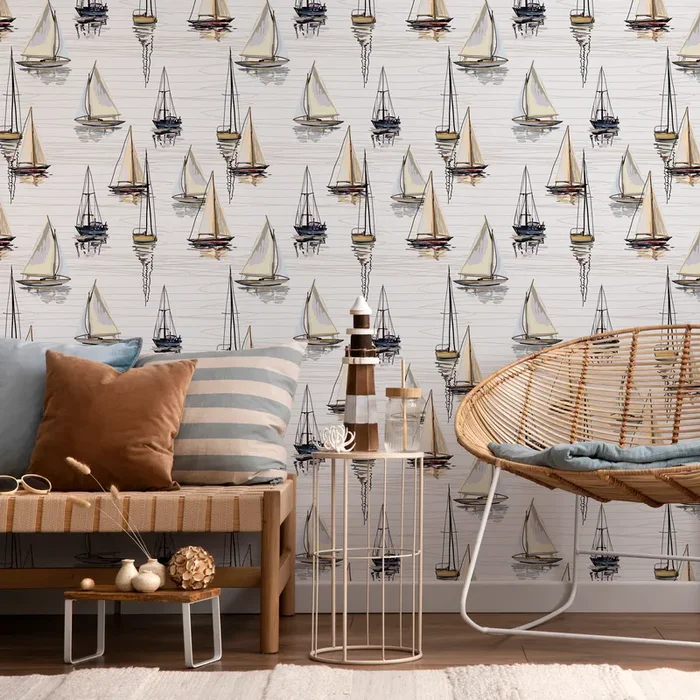 Nautical Wallpaper With A Hand-drawn Sailboat Motif In Tan, Black, And Blue – D484