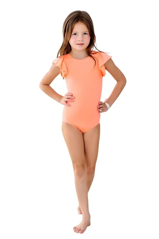Neon Coral S/s Flutter Sleeve Leotard