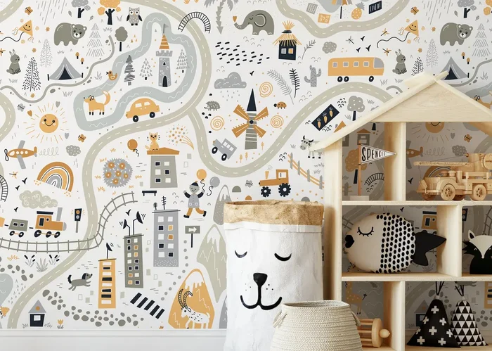 Nursery Map Wallpaper With A Whimsical Town And Animals In Gray And Yellow – D505