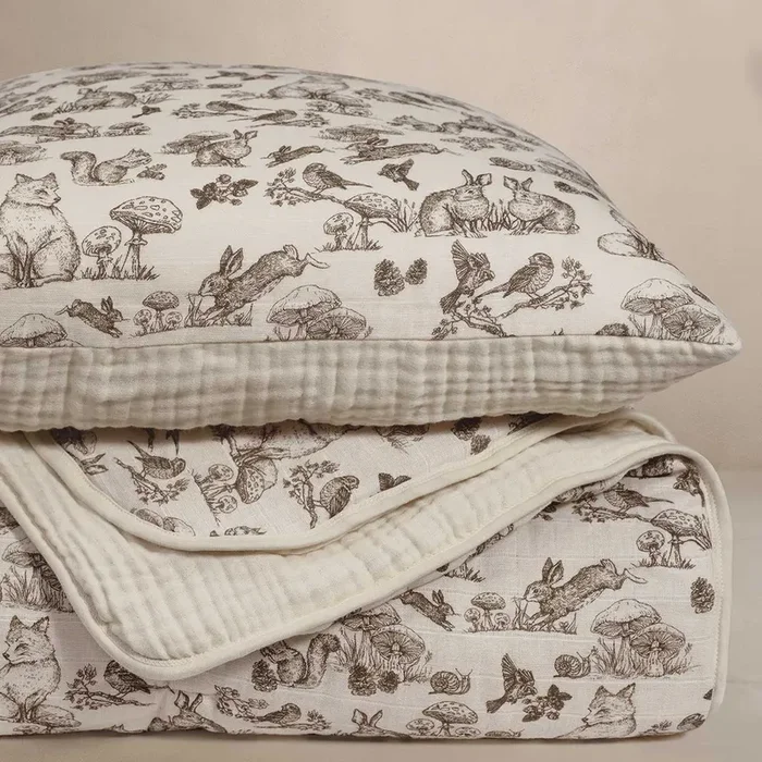 Oilo Fable Blanket- Quilt- Woodland & Eggshell Organic Muslin 45 X 60 “