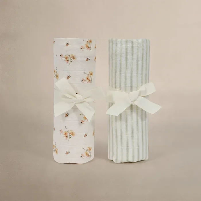 Oilo Fable Blanket- Swaddle 2 Pack – Dainty Floral/Stripe Sea Moss Organic Muslin