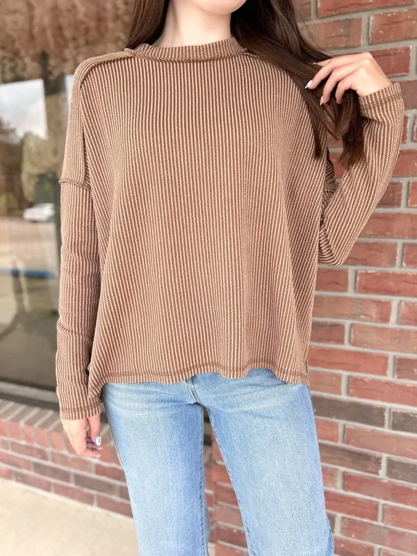 On The Run Brown Ribbed Long Sleeve Top