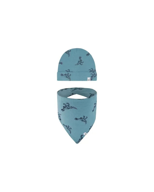Organic Cotton Hat And Bib Set Teal With Mechanical Dinosaurs Print