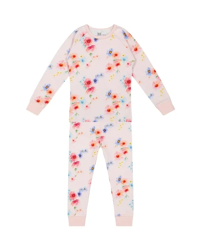 Organic Cotton Long Sleeve Two Piece Pajama Light Pink Printed Flowers