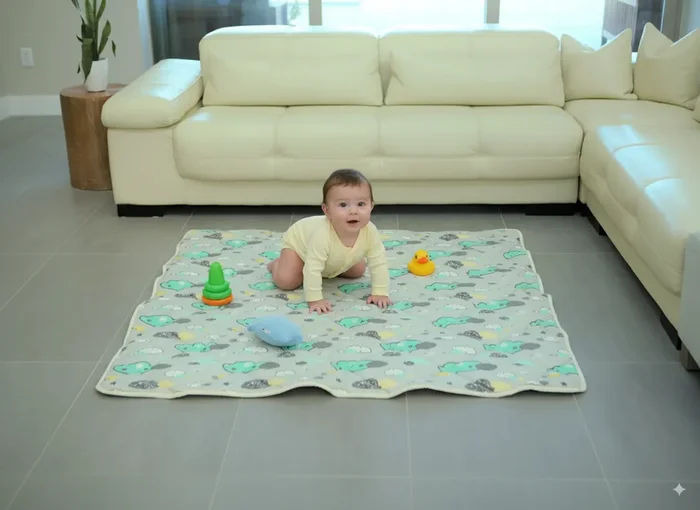 Organic Cotton Play Mat/quilted Blanket – Dreamy Sky/love Gray Reversible
