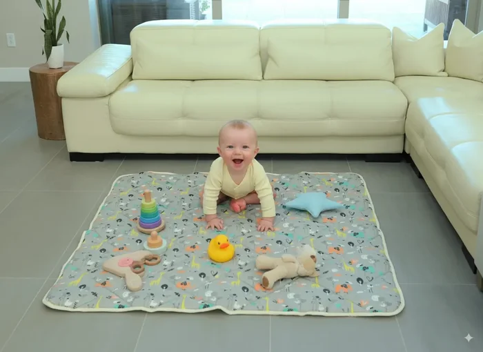 Organic Cotton Play Mat/quilted Blanket – Safari Dream/pink Pebbles Reversible