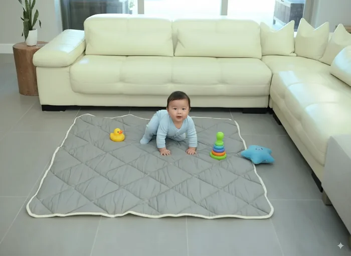 Organic Cotton Play Mat/quilted Blanket – Solid Gray/love Hazelnut Reversible