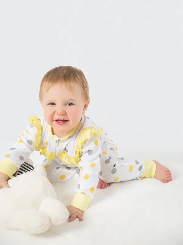 Organic Cotton Ruffled Romper – Yellow & Gray Polka