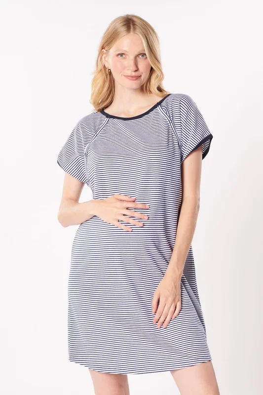 Organic striped birthing dress and nursing nightgown
