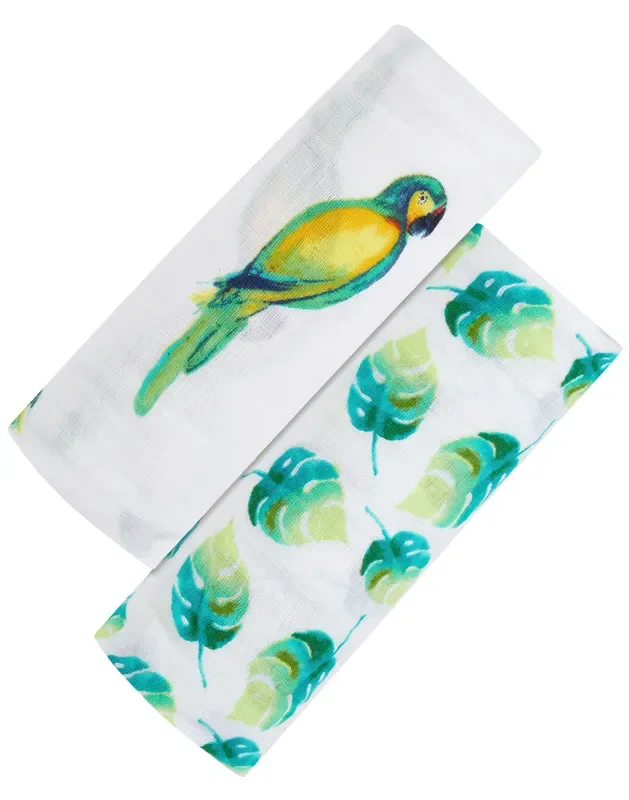 ORGANIC SWADDLE SET – TROPICAL PARADISE (Parrot + Leaf)