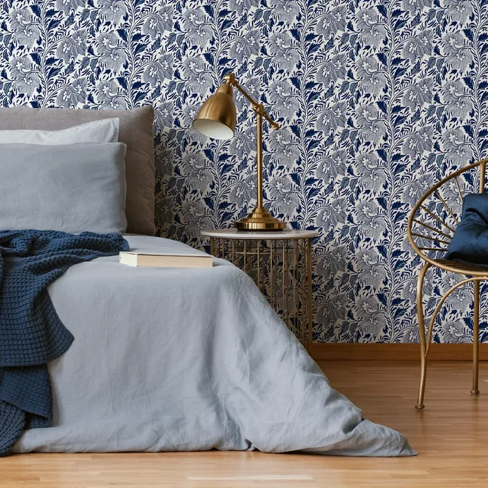 Ornamental Wallpaper With A Stylized Floral Motif In Shades Of Blue – C293