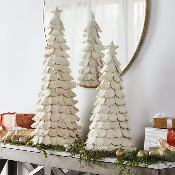 Pair Of Handmade Cream Tabletop Christmas Trees In Hand Felted Wool- Xl- 26 ” And 36 “