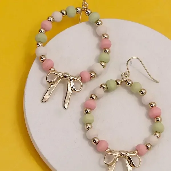 Pastel Beaded Bow Drop Earrings