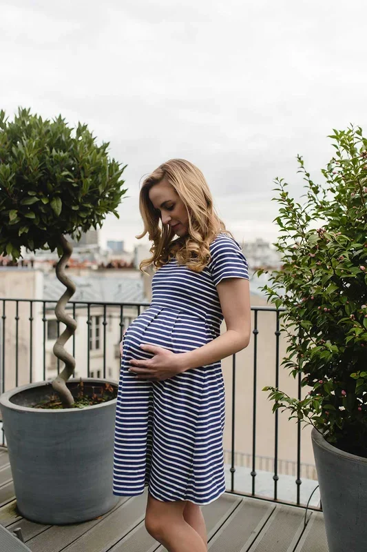 Patience Stripe Skater Short Sleeve Nursing Dress Navy Stripe