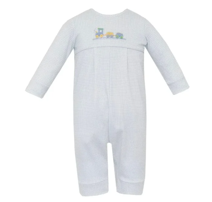 Petit Bebe Knit Blue Gingham Train Long Romper