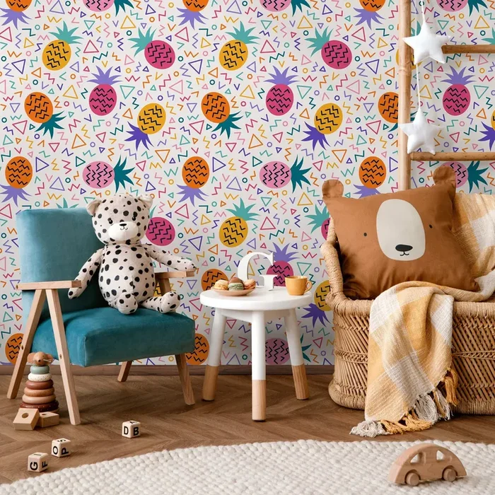 Pineapple Wallpaper With Geometric Shapes In Pink, Orange, And Teal – B268