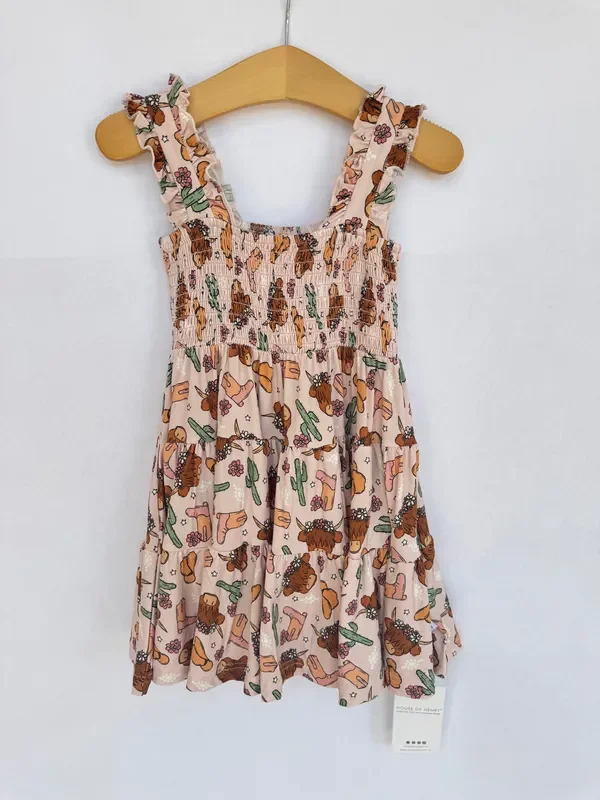 Pink Highland Cow Shirred Dress