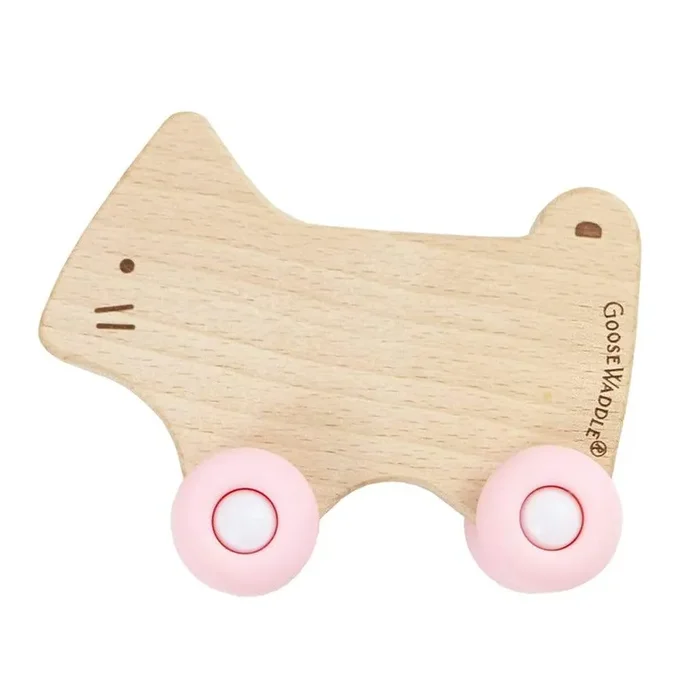 Pink Kitten Silicone + Wood Teether With Wheels