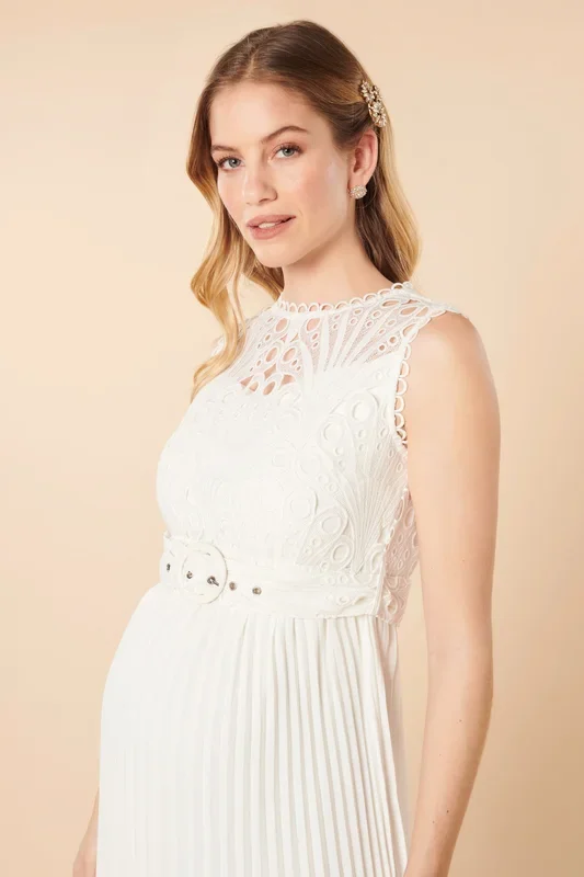 Pleated maternity wedding dress with ornamental lace and belt