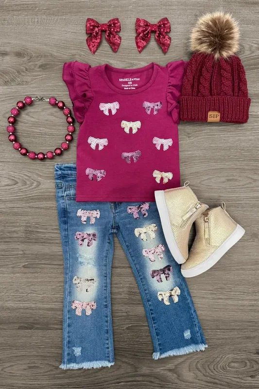 Plum Sequin Bow Denim Pant Set