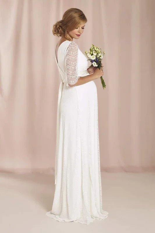 Plus size maternity wedding dress with 3/4 lace sleeves, long