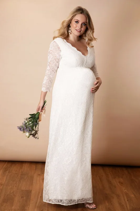 Plus size maternity wedding dress with lace sleeves, long