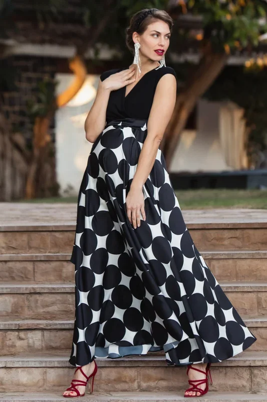 Polka dot maternity and nursing dress with satin skirt