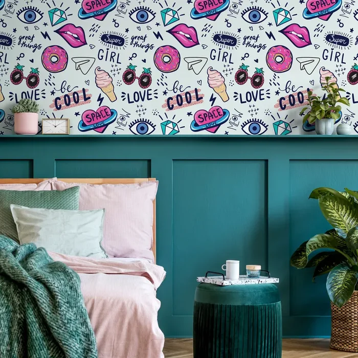 Pop Art Wallpaper Featuring Energetic Doodles In Pink And Blue – B531