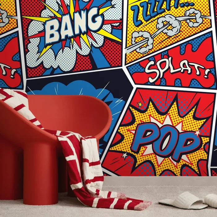 Pop Art Wallpaper With A Comic Book Motif In Red, Blue, And Yellow – B278