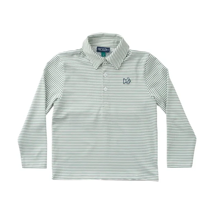 Prodoh Boy’s Long Sleeve Pro Performance Polo in Green Spruce Stripe