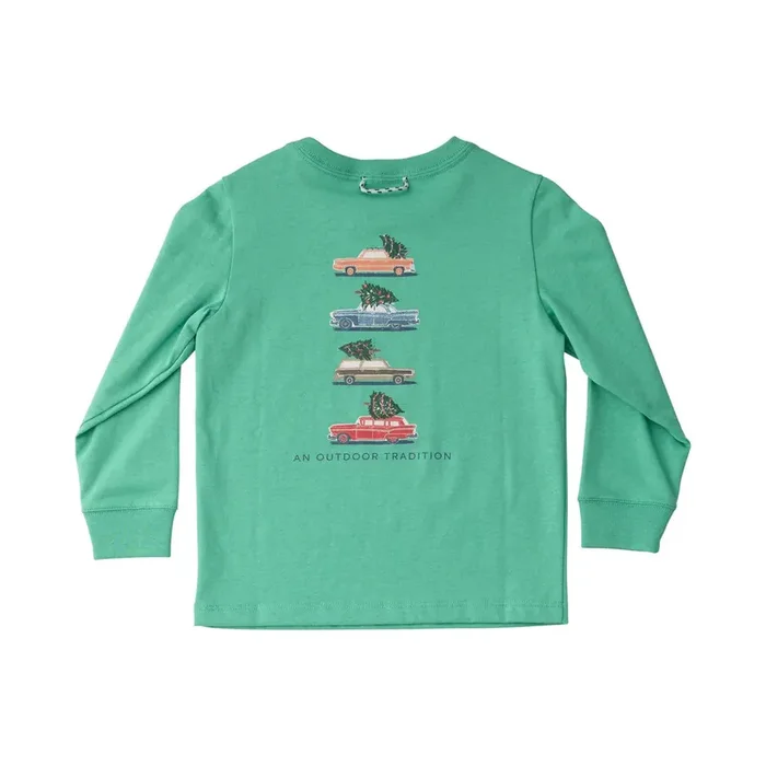Prodoh Kid’s Long Sleeve Cotton T-Shirt in Holiday Green with Vintage Cars and Christmas Tree